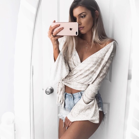 Bare Anthology Tops - Printed Faux Wrap Flare Sleeve Top