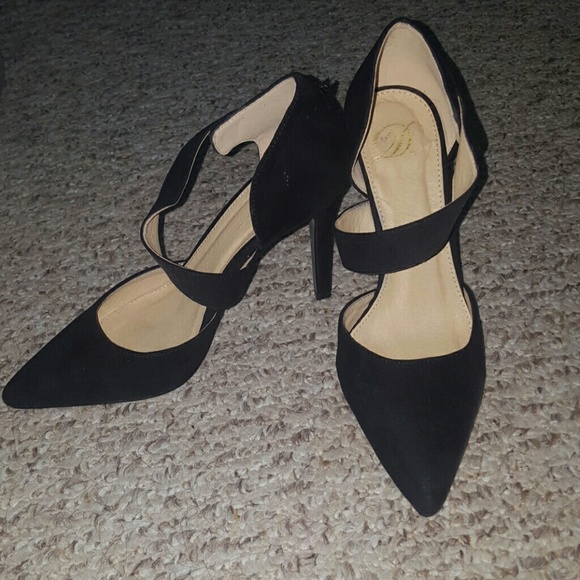 Black suede heels with cross strap