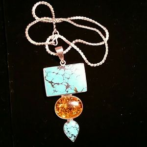 Sterling silver natural turquoise & amber necklace