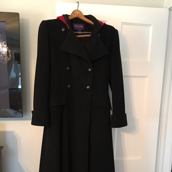Ralph Lauren Wool Ankle Length Coat With Red Hood