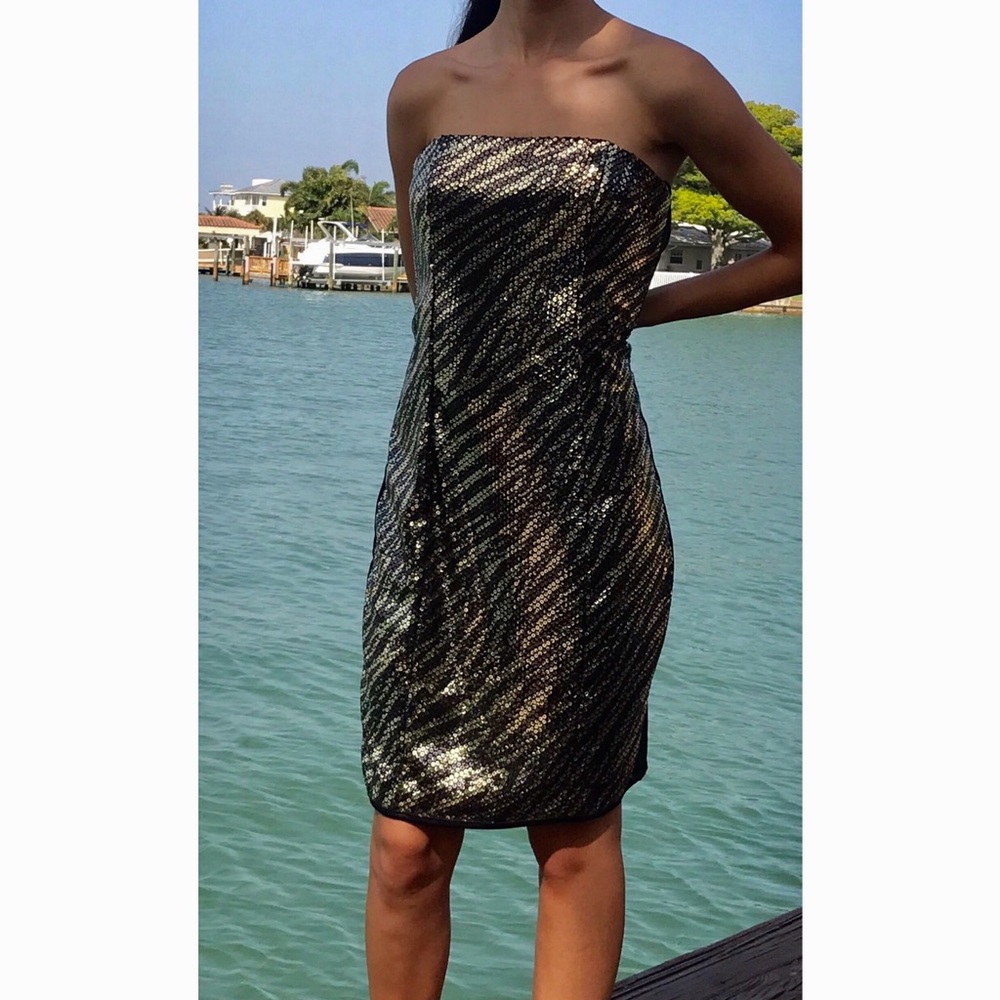 Black and Gold Sequin Strapless Cocktail Dress