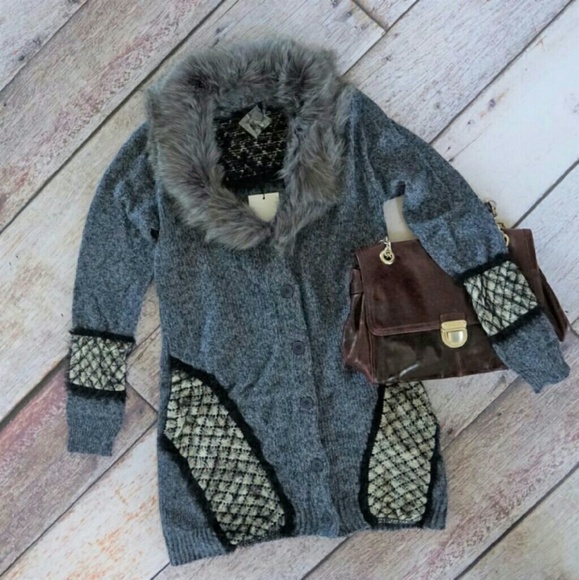 Long Cardigan fur collar sweater soft - Picture 2 of 4