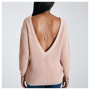 Pink V Neck Back Knit Sweater
