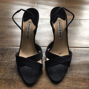 Manolo Blahnik black satin slingback pumps