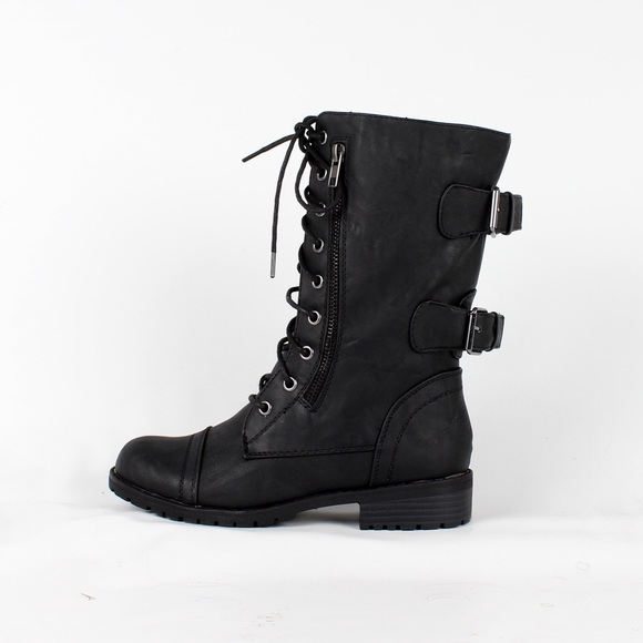 Women's mid calf combat boots (Lug-12N Black PU) - Picture 2 of 4