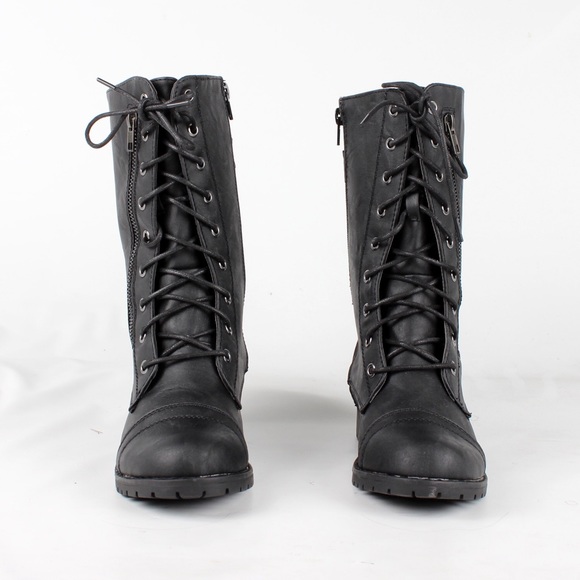 Women's mid calf combat boots (Lug-12N Black PU) - Picture 3 of 4