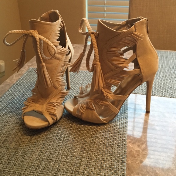 Cream fringe heels