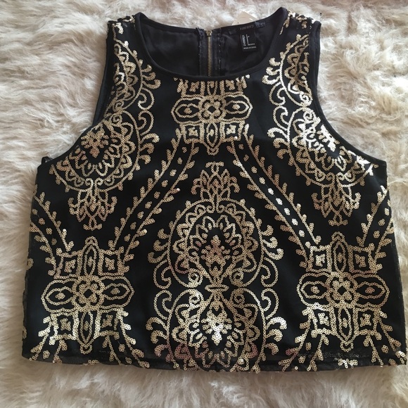 Black crop top with Gold sequence design