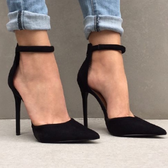 Black Pointed Ankle Heels with Gold Accents - Picture 1 of 4