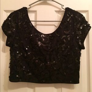 Black Sequined & Lace Crop Top