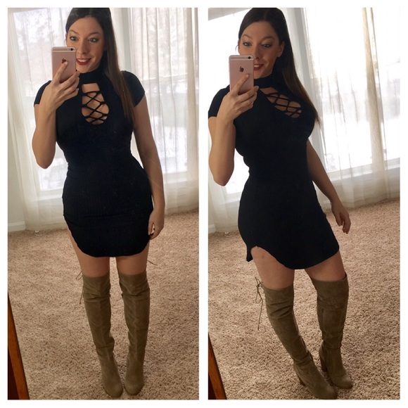 Ribbed Lace Up Black Dress