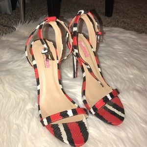 Red and White Snake print heeled sandals