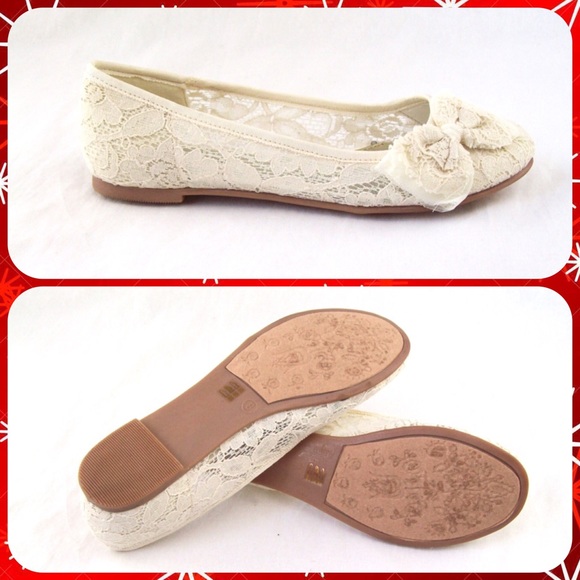 NWT Beige Floral Lace Bow Front Ballet Flats Shoes - Picture 4 of 5