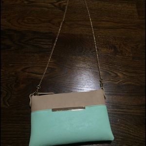 Beige and teal cross body purse