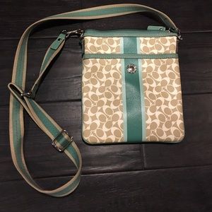 Coach crossbody bag, tan white and teal