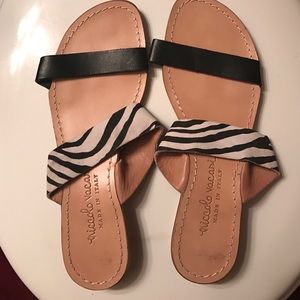 Leather zebra and black strap sandals