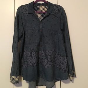 Free People Denim Flower and Plaid Shirt