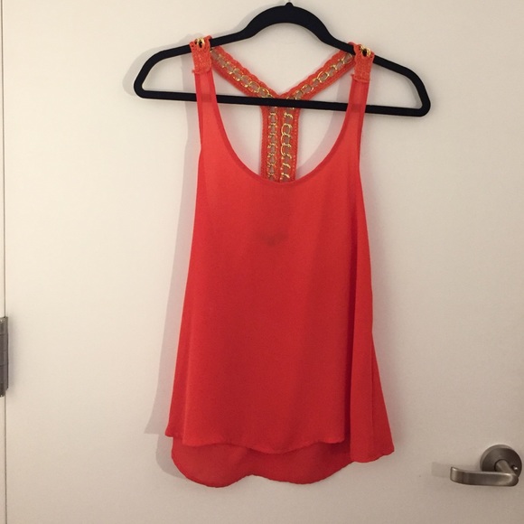 Orangey red sheer chained top