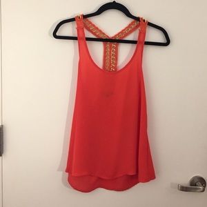 Orangey red sheer chained top