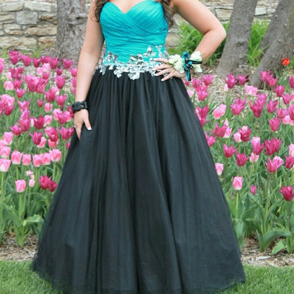 Turqouise, black and silver embellished prom dress
