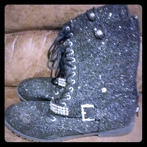 Black sparkly combat boots