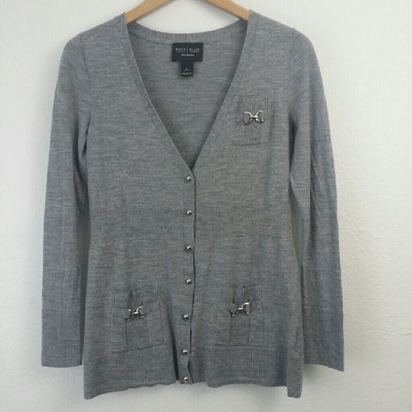WHBM Gray 100% wool cardigan with hardware accents