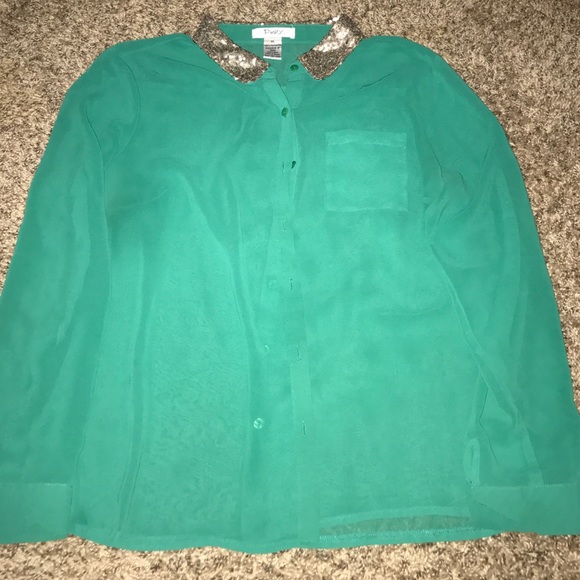 Button up blouse with gold sequin neck