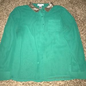 Button up blouse with gold sequin neck