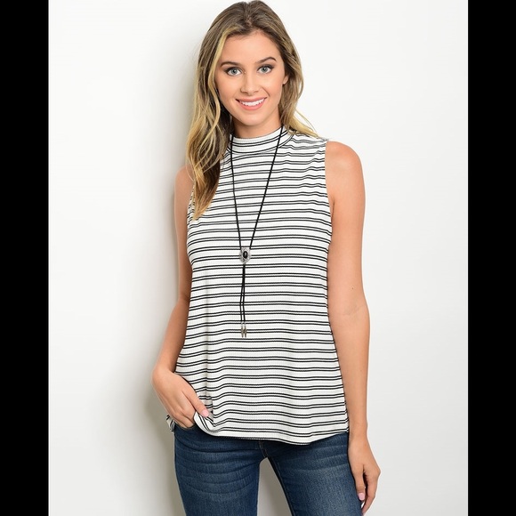 Boutique Tops - STRETCHY MOCK NECK TANK  Striped Black & White