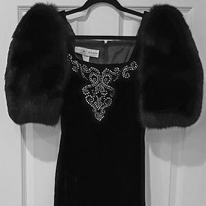 BLACK VELVET GOWN FOX FUR SLEEVES SWAROVSKI CRYST