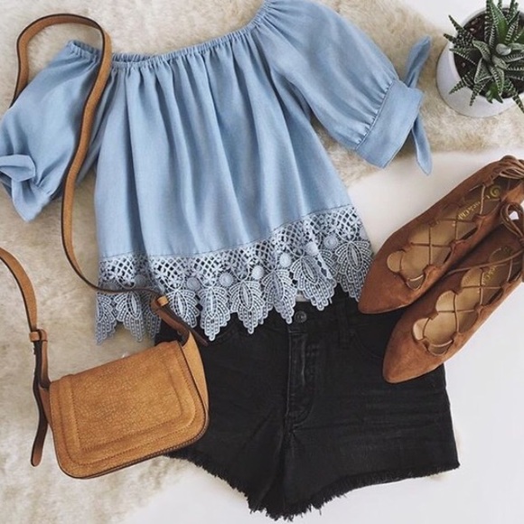 Light Blue Off The Shoulder Top - Picture 3 of 4