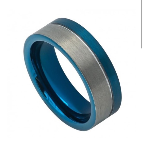 Blue and silver tungsten ring