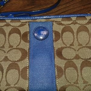 Authentic Coach Large Blue and Tan Wristlet