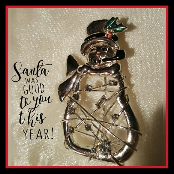 SILVERTONE SNOWMAN PIN WITH RHINESTONES - Picture 1 of 3