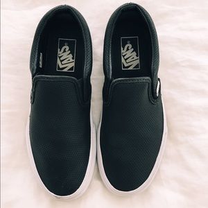 Vans black perforated leather slip on sneakers