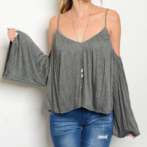 Tops - LAST ONE! Charcoal Gray Cold Shoulder Boho Top