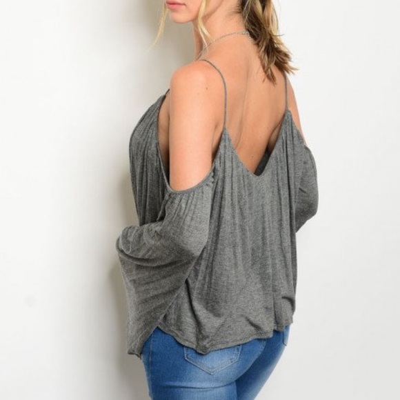 LAST ONE! Charcoal Gray Cold Shoulder Boho Top - Picture 2 of 3
