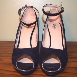 Peep toe suede wedges with gold accent