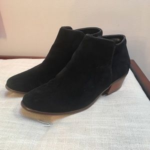 Black suede booties with wooden heel, size 7.5