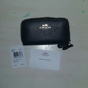 NWT Coach Double Zip Coin Case in Black Leather
