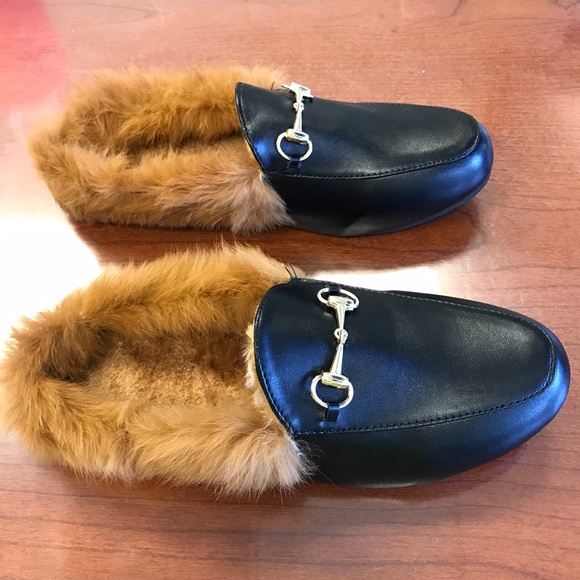Princetown Leather and Lamb Fur Slippers sz 39/8.5