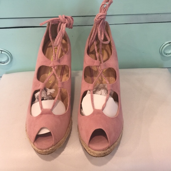 Chloe Blush Suede Lace Up Wedges 💕1 Left Sale - Picture 2 of 5