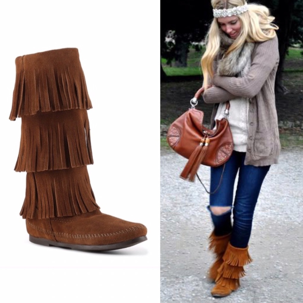 Minnetonka 3 Layer Fringe Boots Size 8