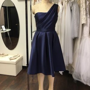 One shoulder dark navy cocktail dress