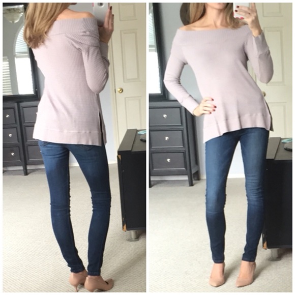 LAST DAY ON POSH▫Mocha Off-Shoulder Waffle Knit LS - Picture 2 of 4