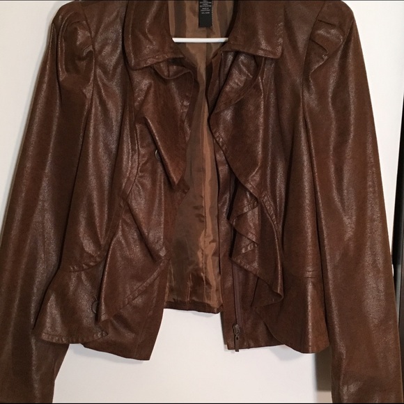 INC Brown Vegan Faux Leather Ruffle Jacket 🛍🎁☃️ - Picture 1 of 7