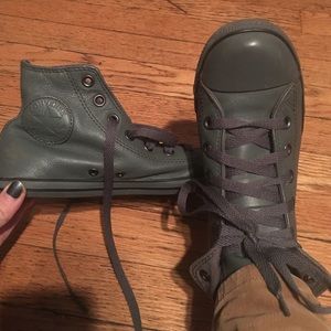 All grey leather high top converse