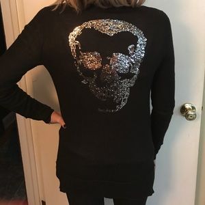 CASHMERE! Long sequin skull button down sweater!