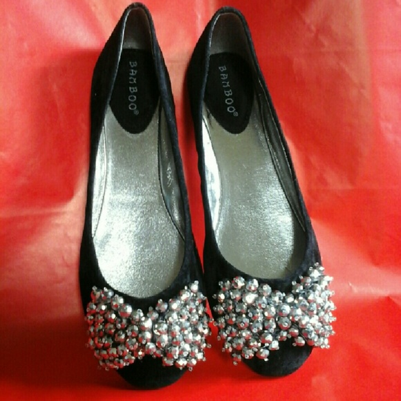 Bamboo 6.5 Black Velvet Silver Beaded Bow Flats