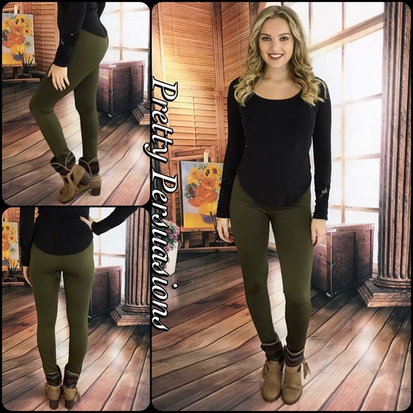 Olive Fleece Lined Soft Comfy Full Length Leggings - Picture 2 of 5